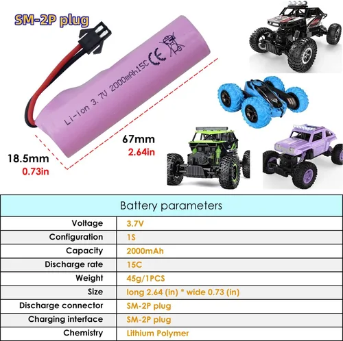Vista 2 de 2PCS 3.7V 2000mAh SM-2P Plug Lithium Battery with USB Charging Cable suitable for DE68 DE44 DE45W DE45 DE58 DE49 DE57 DE70 Off-Road Vehicle Truck