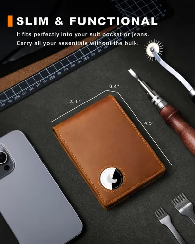 Vista 49 de Billetera AirTag para hombre, de piel auténtica plegable con bloqueo Rfid AirTag con ranuras para efectivo y ventana de identificación, compatible