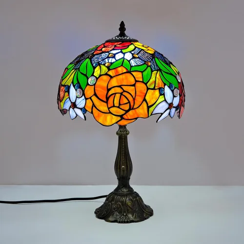 Vista 2 de Tiffany Style Stained Glass Table Lamp, Floral Pattern Desk Light with Antique Bronze Resin Base, Red Roses Decorative Lighting for Bedroom, Living
