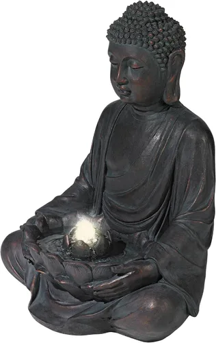 Vista 5 de Buda meditando de 24" de alto, fuente de piso de resina grande Zen Asiático para interiores y exteriores con luz LED, fuente de burbujas de agua