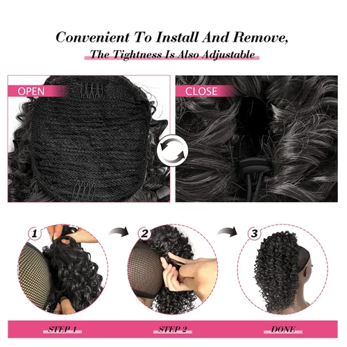 Vista 6 de Extensión de cola de caballo rizada profunda con cordón para mujeres negras, extensiones de cabello sintético con 2 clips, 14 pulgadas (1B)