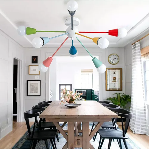 Vista 9 de Candelabro colorido, candelabro Sputnik moderno, 8 luces para niños con luces divertidas multicolor arcoíris para habitación de niños, sala