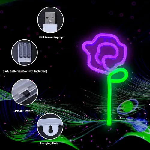 Vista 5 de ENUOLI Letrero de pared LED rosa neón con tallo verde para luz fría, arte de pared, decoración de dormitorio, accesorios para el hogar, fiesta
