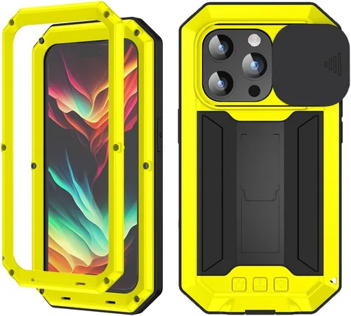 Vista 10 de FW - Funda de metal compatible con iPhone 15 Pro con cubierta deslizante para cámara deslizante, protector de pantalla integrado, funda híbrida