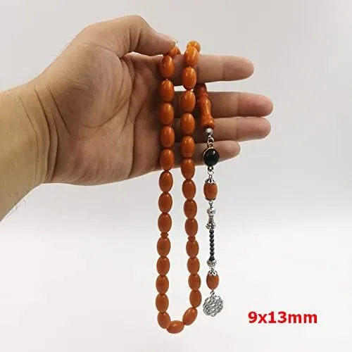 Vista 5 de Tasbih - Rosario musulmán de resina naranja con accesorios de piedra de ónix, pulsera de pavo, cuentas de oración islámica