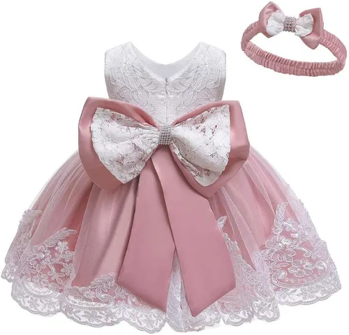 Vista 2 de Vestido de encaje y diadema formal con nudo de princesa y moño para niñas (color rojo sandía, 3-6 meses)