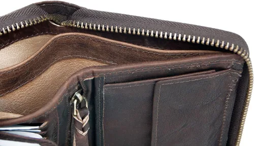 Vista 6 de FLW Cartera grande de piel auténtica engrasada con cremallera y tiburón marrón oscuro, Marrón oscuro, Cartera con cremallera