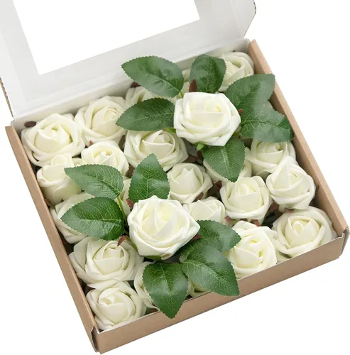 Vista 15 de Ling's moment Paquete de 25 capullos de rosas artificiales y rosas pequeñas con tallo, para ramos de boda, centros de mesa, decoración de ramilletes