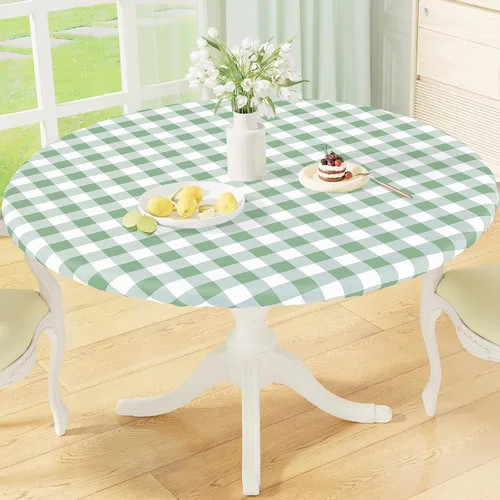 Vista 13 de misaya Mantel redondo ajustable con borde elástico, mantel de vinilo impermeable a cuadros de búfalo con parte trasera de franela para mesas