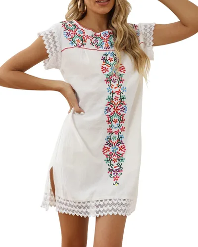 Vista 4 de Vestidos casuales de verano para mujer, vestido mexicano, campesino, midsommar, bordado, tradicional, con volantes, salida de playa, color negro