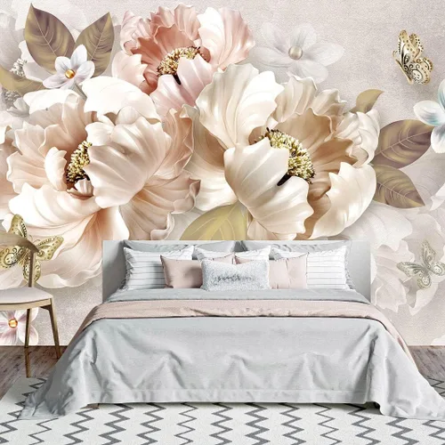 Vista 3 de Bormia Papel pintado floral 3D Peony Butterfly Mural de pared para sala de estar dormitorio (no despegar ni pegar)