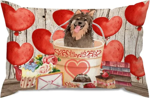 Vista 53 de Fundas de almohada lumbar con textura de madera rústica para perro en cubo, diseño de corazón rojo para el día de San Valentín, fundas de almohada