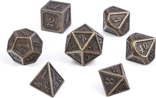 Vista 8 de DNDND - Dados de diseño antiguo, 7 dados de metal de latón con caja de metal para juegos de mesa como Dungeons and Dragons