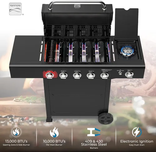 Vista 3 de Kenmore Parrilla de gas propano para barbacoa, 5 quemadores con quemador lateral y zona de sellado, parrilla de acero inoxidable de 644 pulgadas