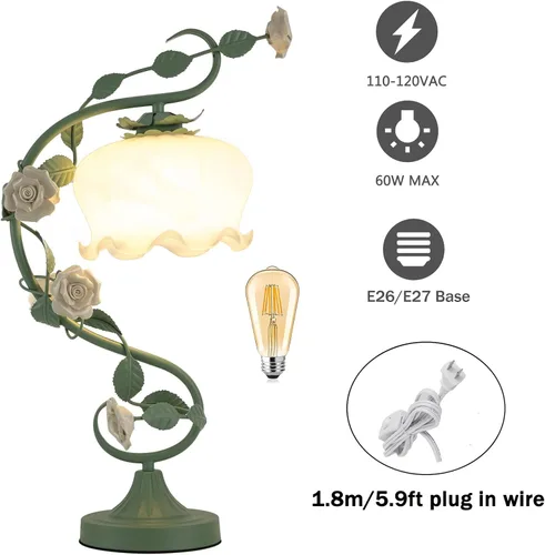Vista 4 de TFCFL Lámpara de Mesa de Flor de Rosa para Dormitorio, Lámpara de Escritorio de Vidrio Manchado Elegante Lámpara de Mesa Enchufable Luz de Mesita