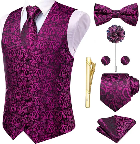 Vista 14 de Hi-Tie Chaleco de traje de seda para hombre, corbata y corbatín de solapa, clip de corbata dorado, chaleco floral de cachemira, 8 piezas, conjunto