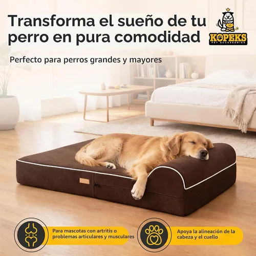 Vista 2 de KOPEKS Cama ortopédica de espuma viscoelástica para perros de 7 pulgadas de grosor, cama extragrande para perros con almohada, color marrón, 50 x 34