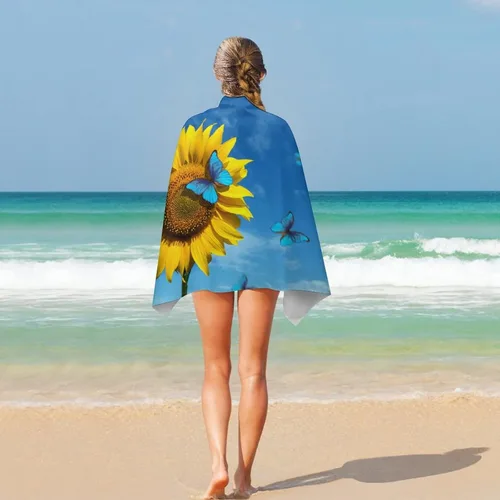 Vista 5 de Toalla de playa con diseño de girasol y mariposa, toalla de baño de calidad de hotel de lujo, para adultos, niños, baño, playa, gimnasio, natación