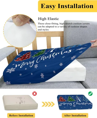 Vista 5 de Navy Blue Christmas Couch Cushion Covers, Stretch Sofa Cover with Elastic Bottom, Xmas Tree Winter Snowflake Sofa Slipcovers Protector Washable