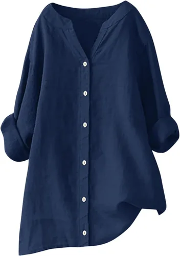 Vista 4 de Camisas de algodón y lino con botones para mujer, cuello en V, manga larga, blusas elegantes y casuales