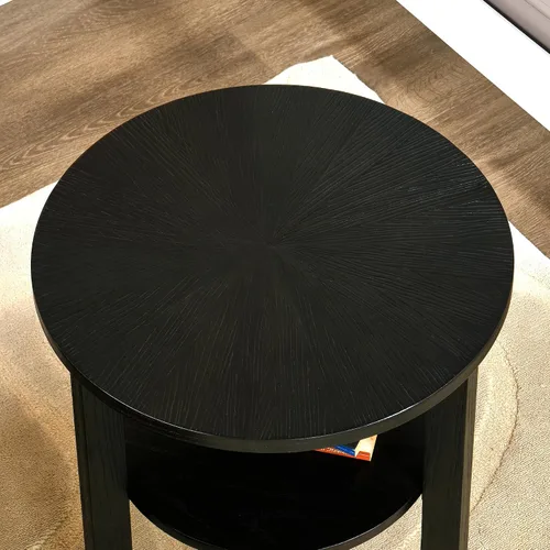 Vista 4 de Mesa auxiliar redonda de madera de 19.3 pulgadas, mesa auxiliar redondeada de madera maciza de 2 niveles, mesa auxiliar circular con estante