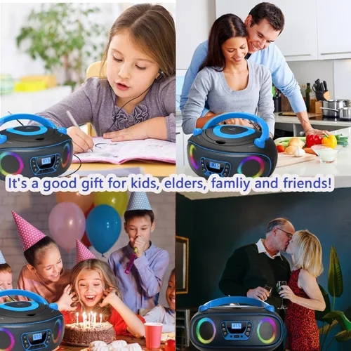 Vista 7 de Reproductor de radio portátil CD Boombox con Bluetooth, radio FM, reproducción de MP3 por USB, entrada AUX, conector para auriculares, compatible