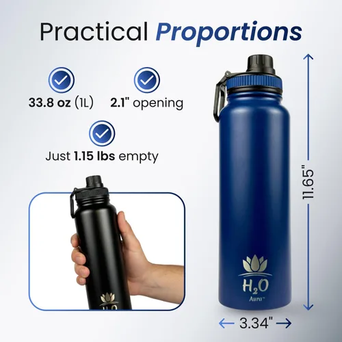 Vista 4 de Botella de agua prémium de 1 litro (33.8 onzas) con funda de transporte y correa, botella de agua de acero inoxidable aislada al vacío de doble Negro