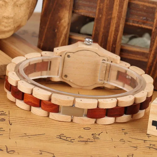 Vista 6 de Reloj de madera para mujer con correa de madera de cuarzo, analógico, colorido, relojes de madera de bambú para mujer, BS-WM01-MADERA
