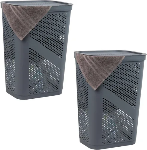 Vista 14 de Mind Reader Cesto delgado para ropa sucia con tapa, 60 L, diseño cónico para baños, armarios, plástico, juego de 2, color negro