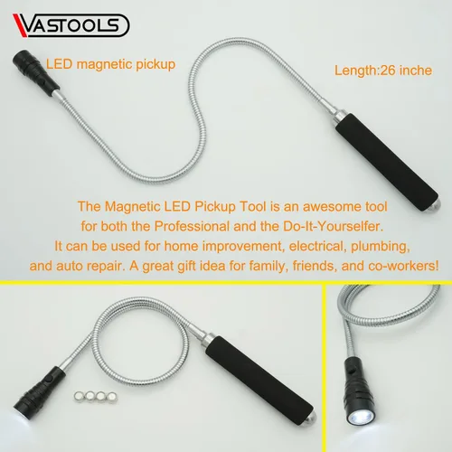Vista 2 de VASTOOLS Herramienta de recogida magnética flexible, con imán LED, 5 libras, 10 libras, espejo acrílico de inspección flexible, herramienta