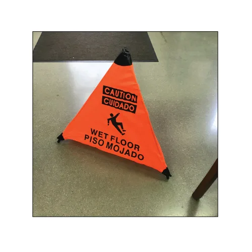 Vista 4 de Letrero de suelo mojado de precaución naranja (ENG/SPAN) Handy Cone con tubo de almacenamiento "3-PACK