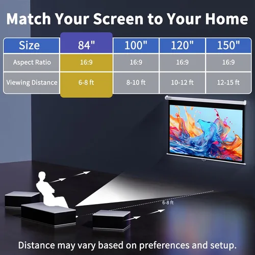 Vista 4 de WASJOYE Pantalla de proyector de 84 pulgadas manual desplegable – Pantalla de proyección retráctil HD 16:9 con bloqueo automático – Pantalla