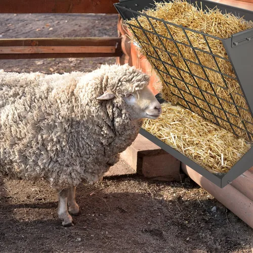 Vista 9 de Estante de heno para montaje en pared, de metal galvanizado resistente 2 en 1, alimentador de heno y granos, comedero para ganado con distancia