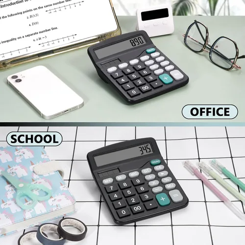 Vista 5 de Bonita calculadora de escritorio negra con botones grandes, fuente de alimentación doble, energía solar y batería, pantalla LCD grande, paquete de 2