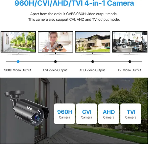 Vista 3 de ZOSI - Cámara de seguridad híbrida tipo bala 4 en 1 TVI/CVI/AHD/960H CVBS de 2.0MP, 1080P HD, 1920TVL para exteriores en interiores