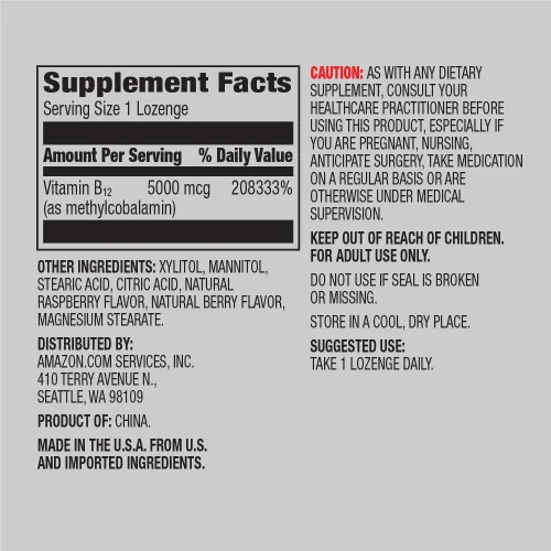 Vista 3 de Amazon Elements Vitamina B12 Metilcobalamina 5000mcg, 65 pastillas con sabor a bayas, suministro de 2 meses y vitamina D3, 5000 UI, 180 cápsulas