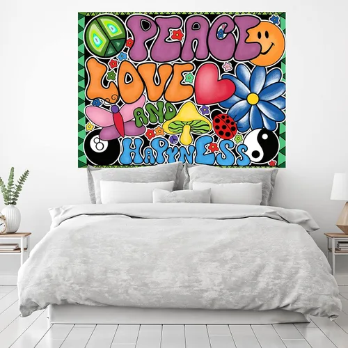 Vista 2 de Yanikki Tapiz de pared con signo de paz hippie de 50 x 60 pulgadas, diseño retro de los años 70 para colgar en la pared, decoración bohemia estética