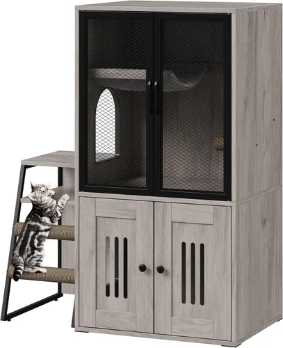 Vista 9 de Caja de arena para gatos para 2 gatos y puertas, casa doble para gatos con espacio de almacenamiento, casa de juegos para gatos con hamaca y puerta