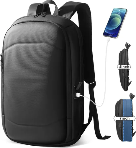 Vista 12 de hk Mochila de negocios para hombres de 17 pulgadas, delgada y expandible, impermeable, mochila de viaje para laptop con puerto de cargador USB, Negro