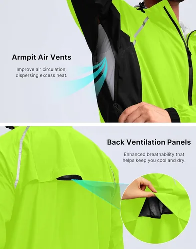 Vista 4 de Bikewa - Chaqueta de lluvia para hombre, impermeable, para ciclismo, con capucha, ligera, plegable, cortavientos para bicicleta, chaqueta de running