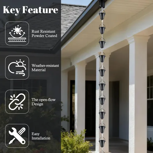 Vista 3 de Cadenas de lluvia para canaletas exteriores con recubrimiento de polvo negro, desviador de lluvia de metal, decoración para exteriores, 8.5 pies