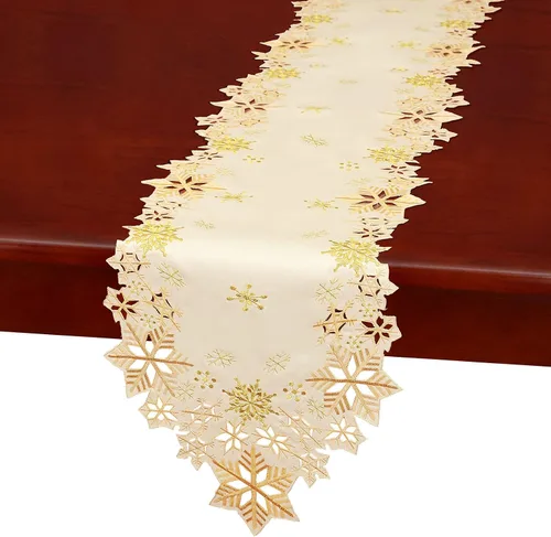 Vista 5 de Caminos de mesa bordados con copos de nieve para Navidad e invierno (dorado, 14 x 90 pulgadas)