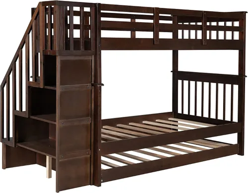 Vista 5 de Harper & Bright Designs Litera Individual sobre Individual con Escaleras y Cama Nido, Marco de Litera de Escalera de Madera Maciza con Espresso