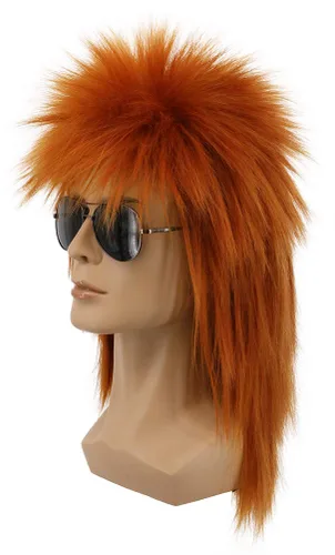 Vista 3 de Mullet Style - Peluca de metal pesado para Halloween de los años 70 y 80, color rojo y naranja, para hombres y mujeres (marrón)