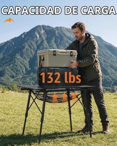 Vista 5 de PORTAL Mesa de camping plegable portátil con patas ajustables, mesa plegable de aluminio mesa enrollable con bolsa de transporte para exteriores
