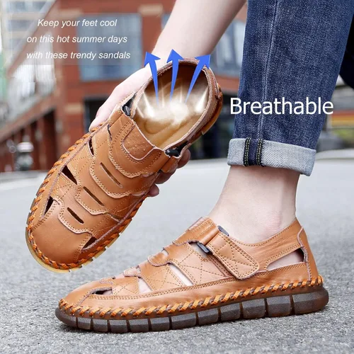 Vista 6 de MAIZUN Sandalias de cuero para hombre con puntera cerrada, zapatos de pescador de playa, sandalias deportivas de verano al aire libre