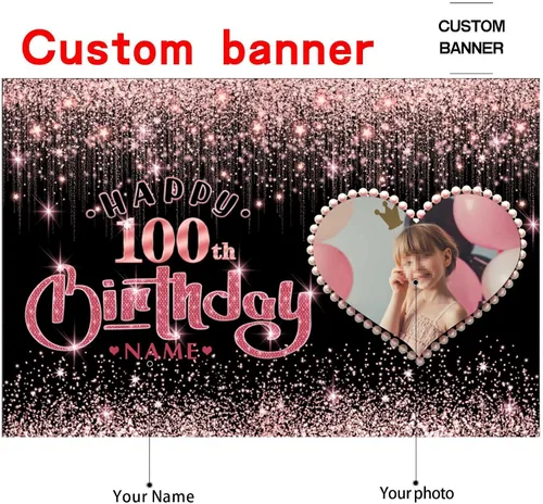 Vista 2 de Cartel personalizable de decoración de feliz cumpleaños número 100 de oro rosa - Personalización de fondo de fotos de gran tamaño - Admite fotos