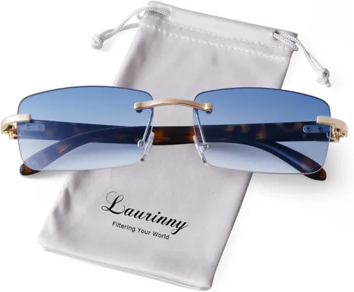 Vista 6 de Laurinny Lentes de sol rectangulares de metal dorado con lente tintada, patillas de madera de los años 90, gafas retro para mujeres y hombres