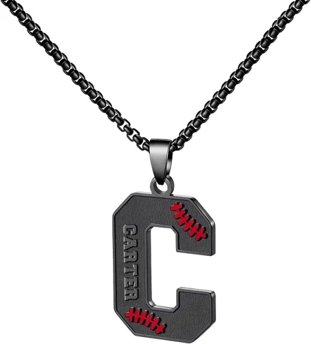 Vista 19 de Ldurian Collar personalizado con nombre de béisbol, cadena negra de acero inoxidable, collar con nombre deportivo, letra A-Z de 24 pulgadas, regalos
