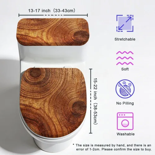 Vista 2 de Juego de 2 fundas de tapa de inodoro de grano de madera y cubierta de tanque, juego de fundas elásticas rústicas para asiento de inodoro